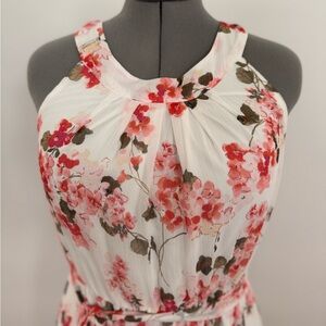 Calvin Klein Floral Midi Dress Cream & Coral Sleeveless Tie Waist Size 12